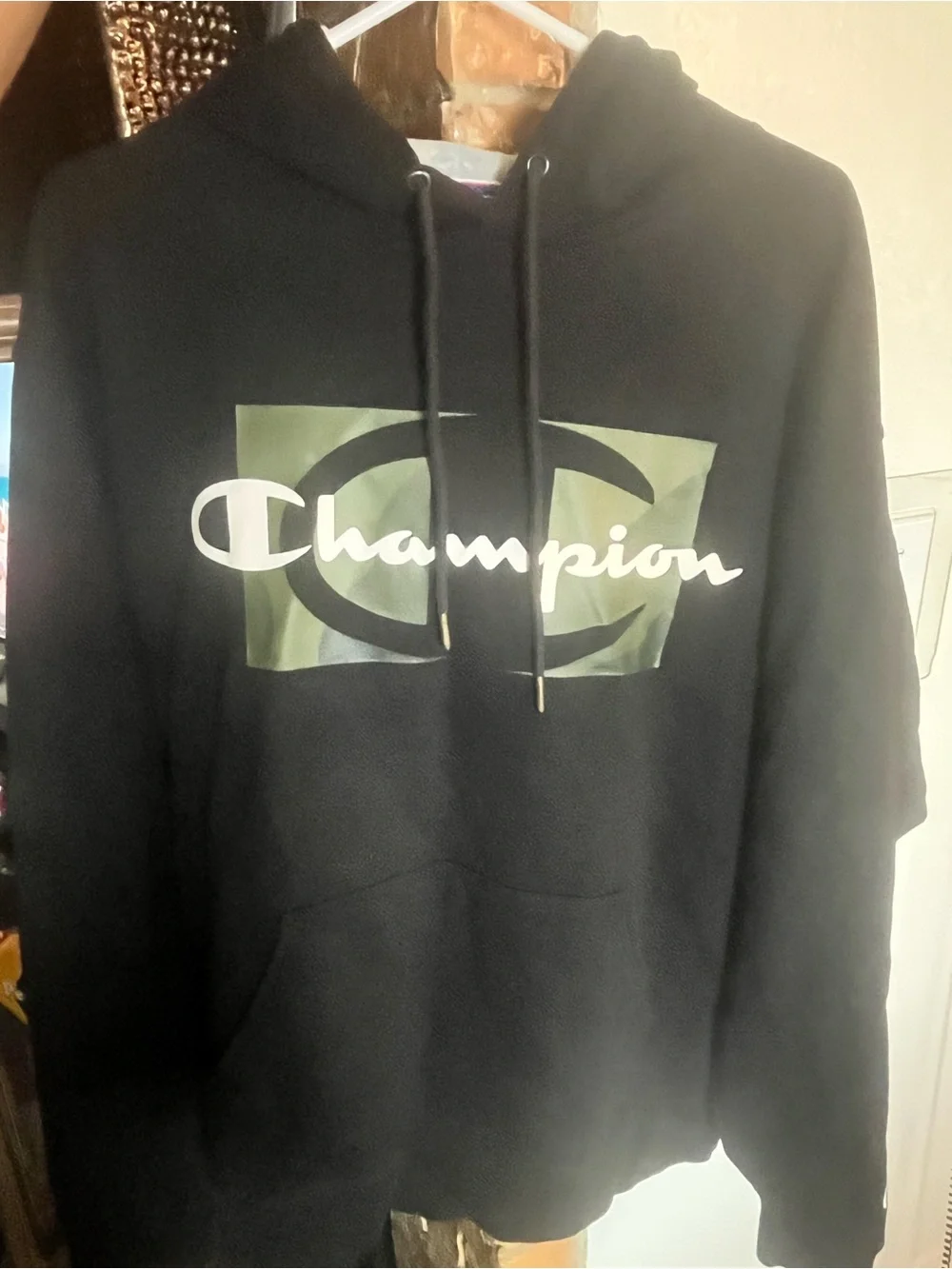 Champion Black Hoodie with Olive Camouflage Logo Excellent condition L363